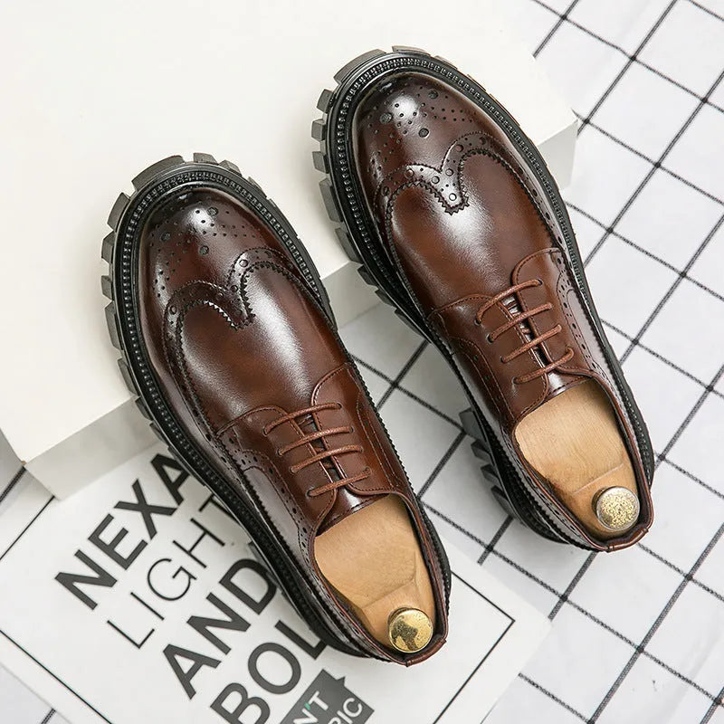 Men's black and brown business brogue shoes with round toe and brogue detailing.