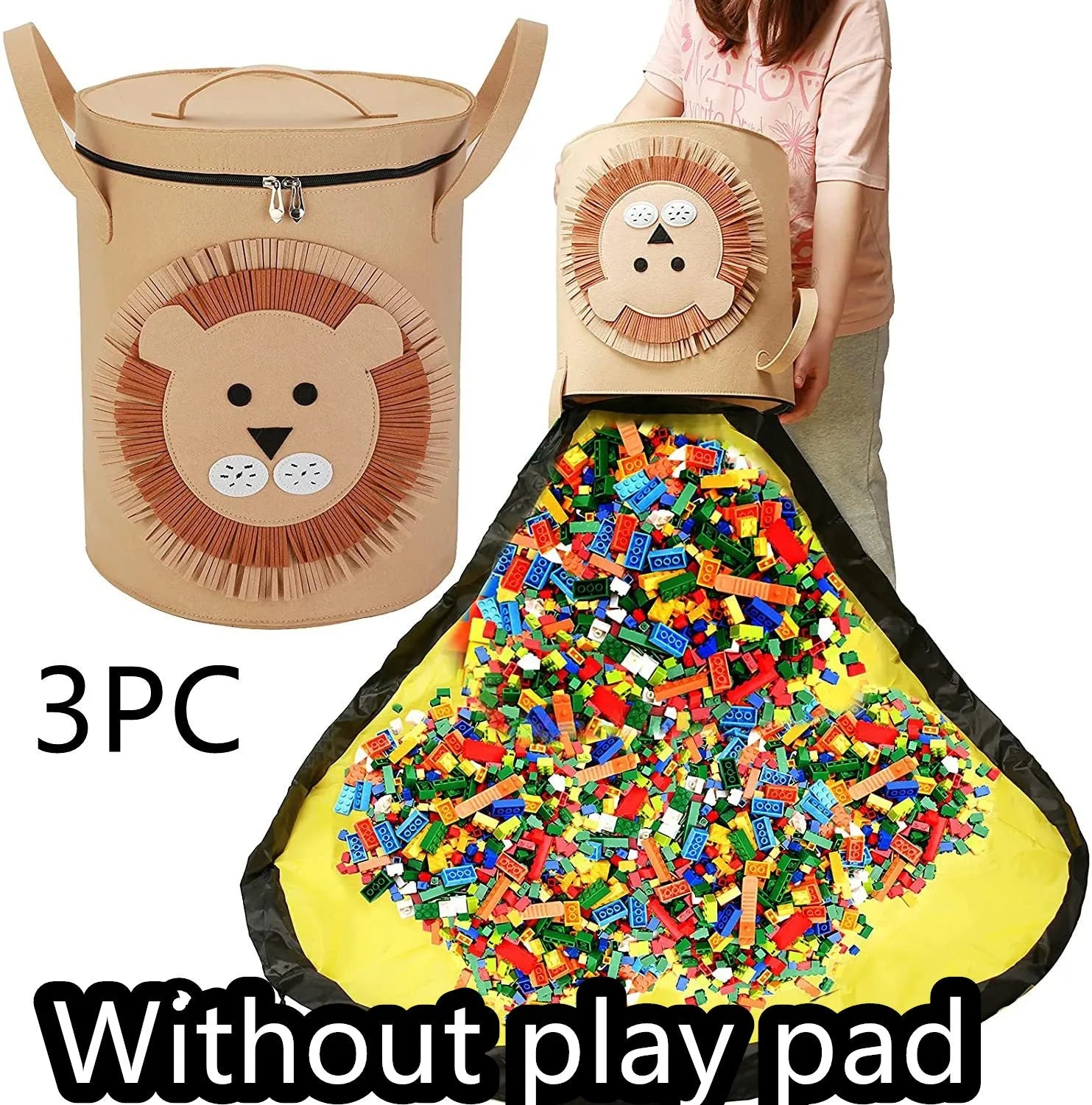 Green felt cube storage bag open as play mat with pull rope closure for children's toys