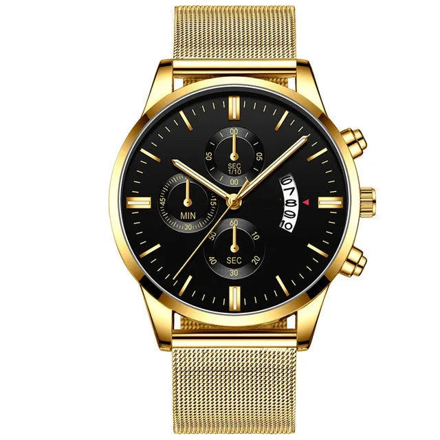 Men's stainless steel quartz watch with mesh band and two-tone case on wrist