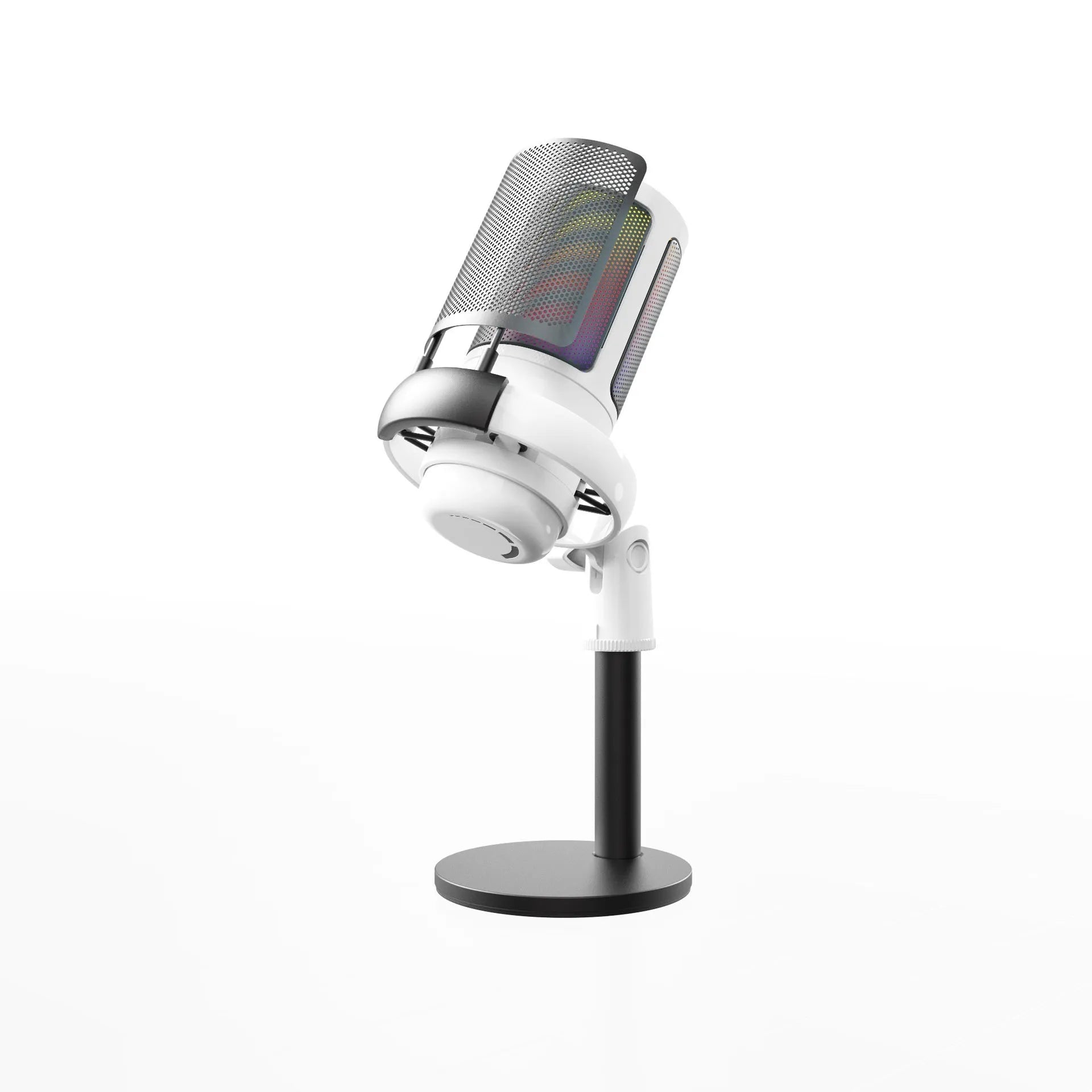 Condenser microphone with RGB lighting in black, white, or pink colours, with a 150cm data cable for computer recording.