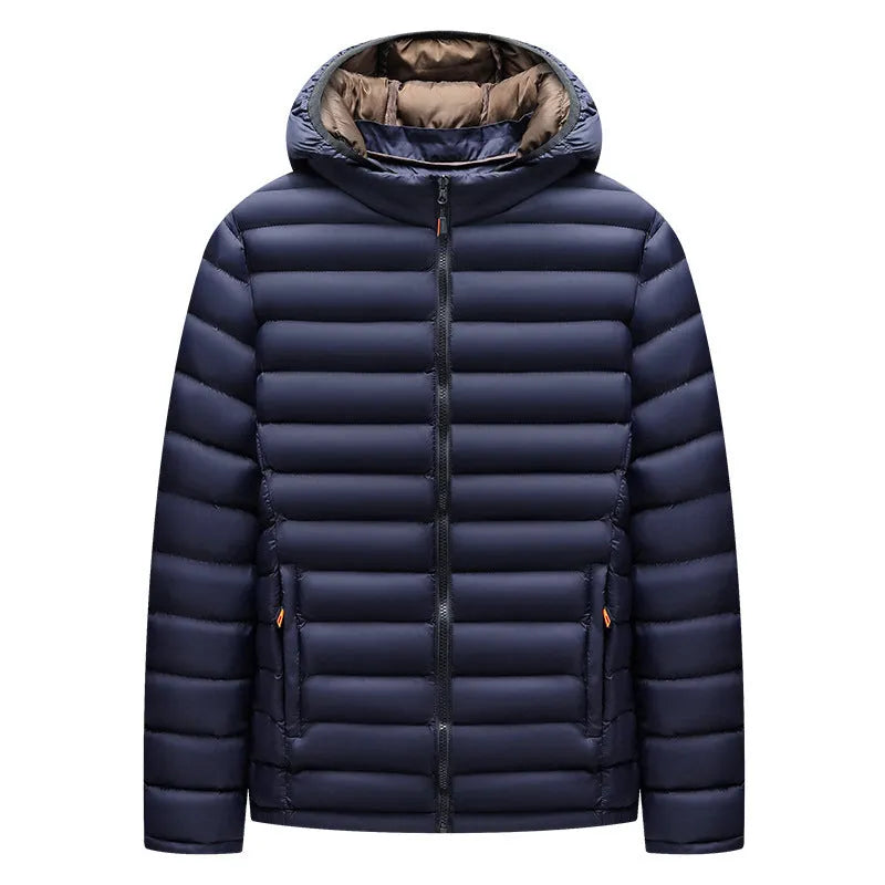 Men's lightweight down jacket with detachable hood in black, army green or blue colour