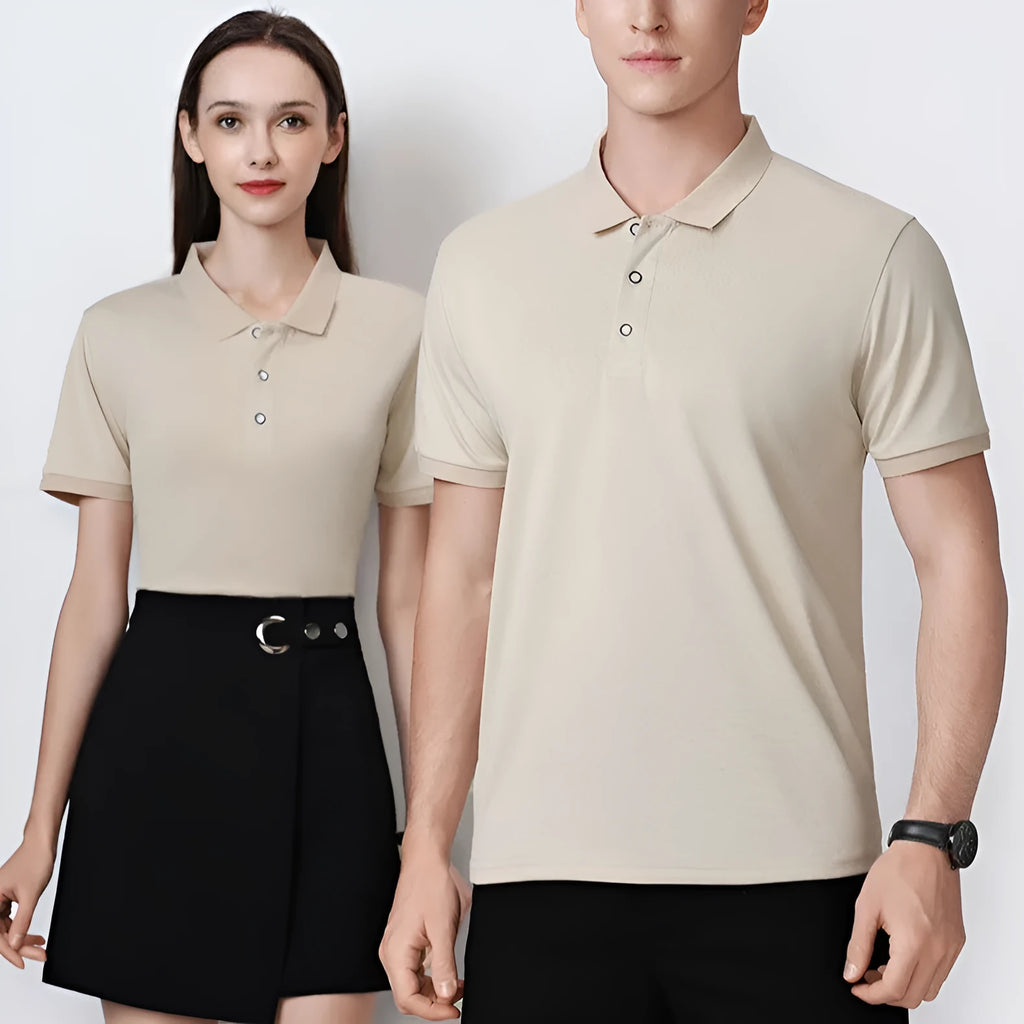Men's short sleeve pullover polo shirt on a hanger, shown in multiple colours including white, black, and red.