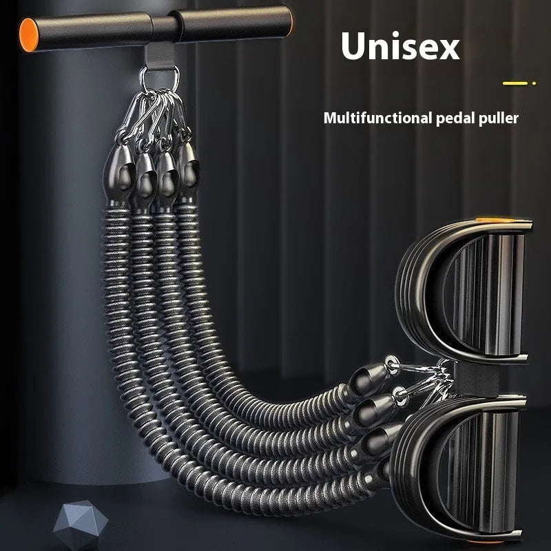Black pedal chest expander with spring steel frame and auxiliary rope for home slimming belly and weight loss fitness.