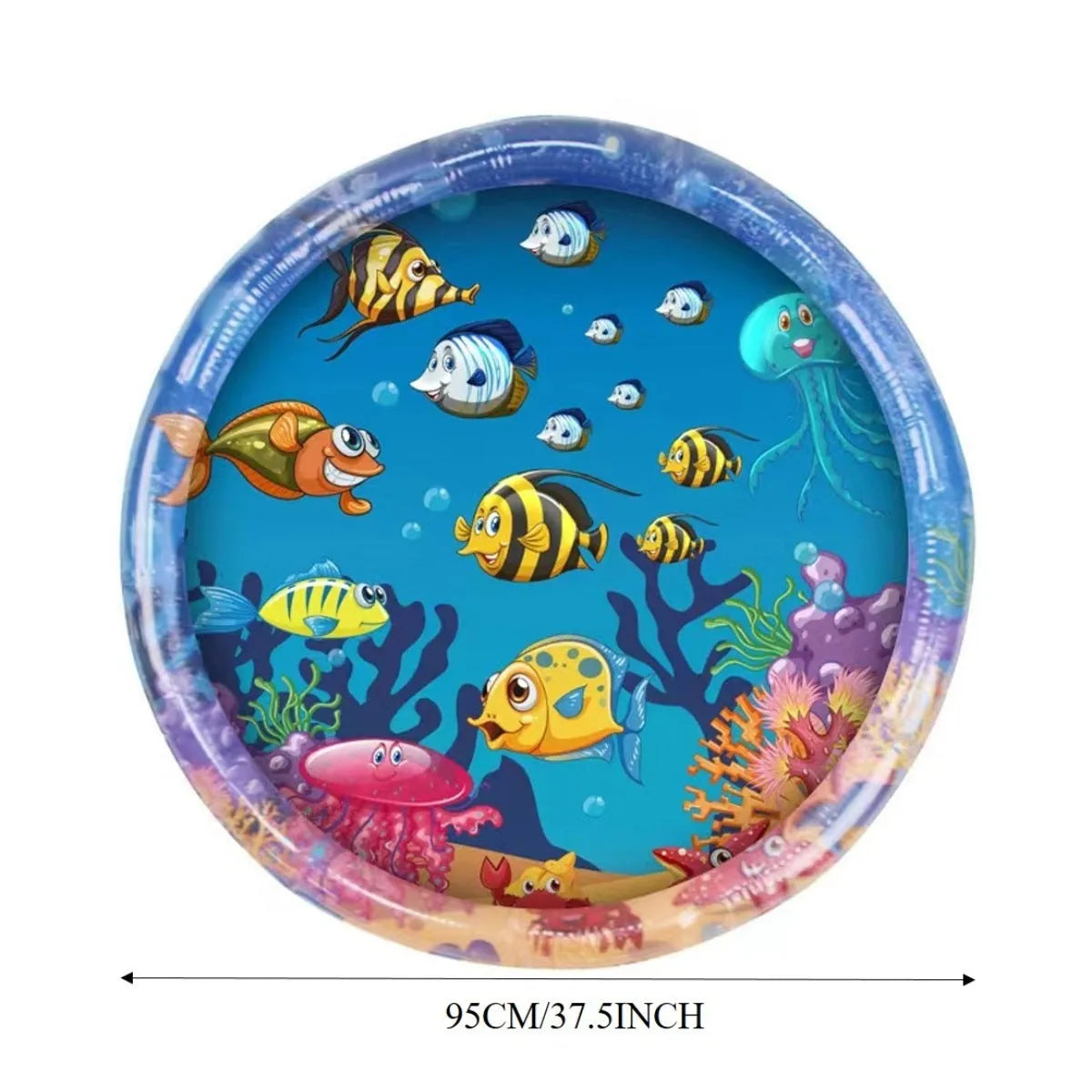 Square PVC water sensory playmat for pets showing inflated outer ring and central water area with floating fish toys.