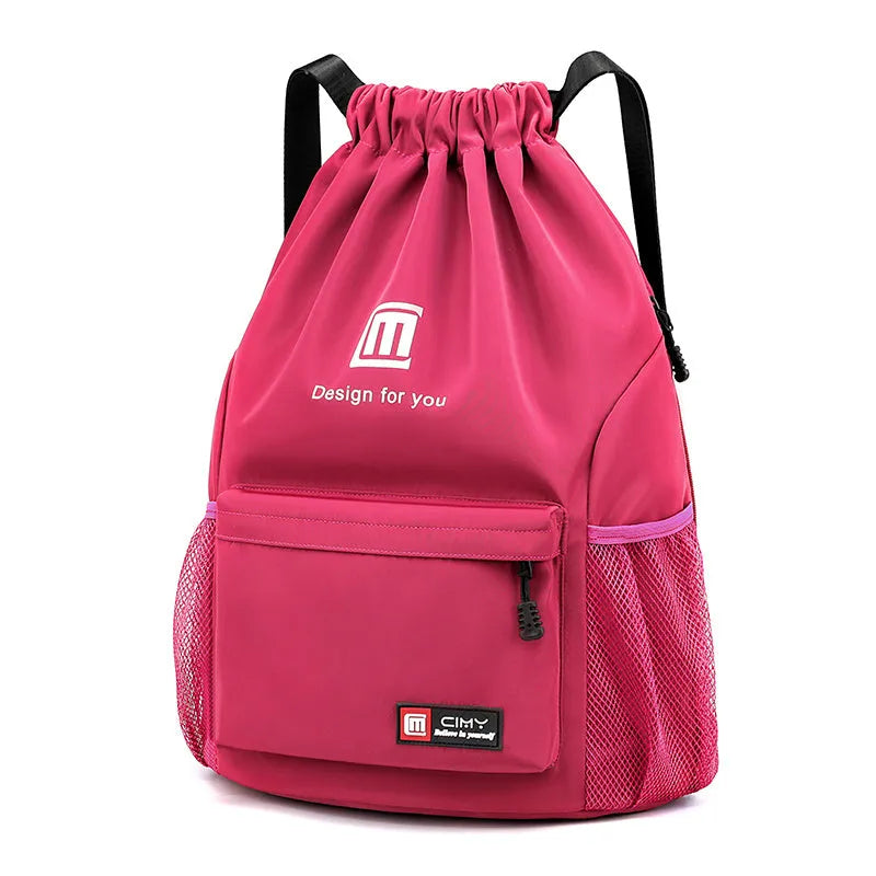 Oxford waterproof drawstring travel backpack in multiple colours showing foldable design and shoulder straps