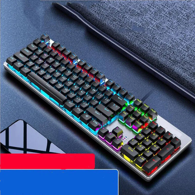 AOC GK410 green axis mechanical keyboard with 104 keys, metal construction, and USB cable