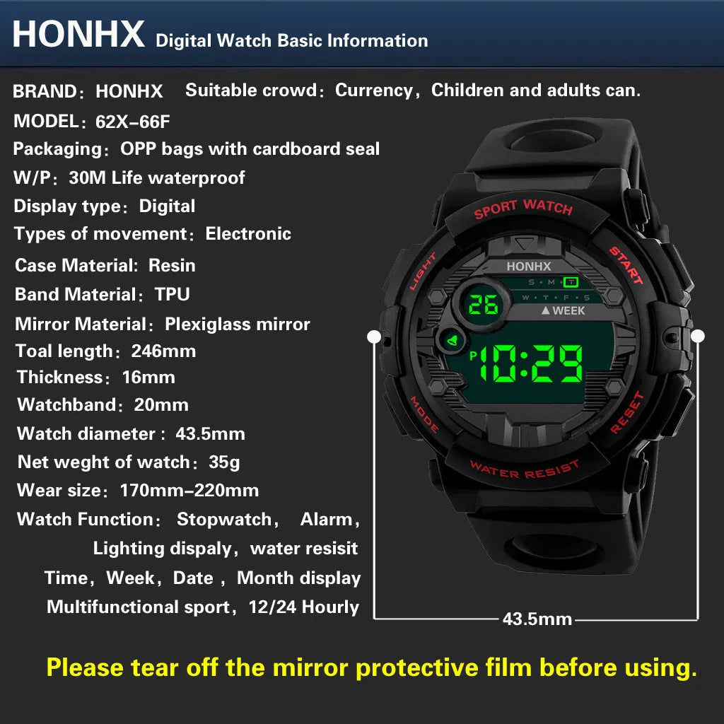 Digital electronic watch for boys and girls with LED display, round resin case, PU strap, black colour option