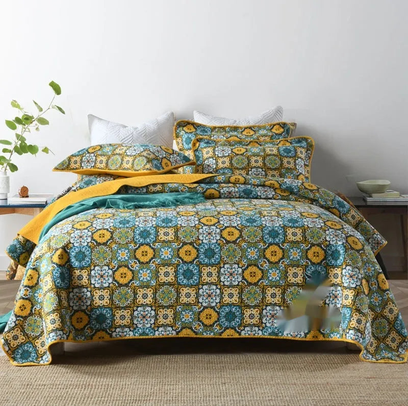 Pure cotton bedspread three-piece set with geometric print pattern showing bed cover and pillowcases