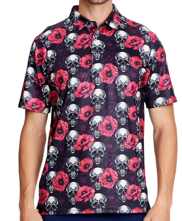 Man wearing a 3D print short sleeve top with Japanese retro style and zipper details.
