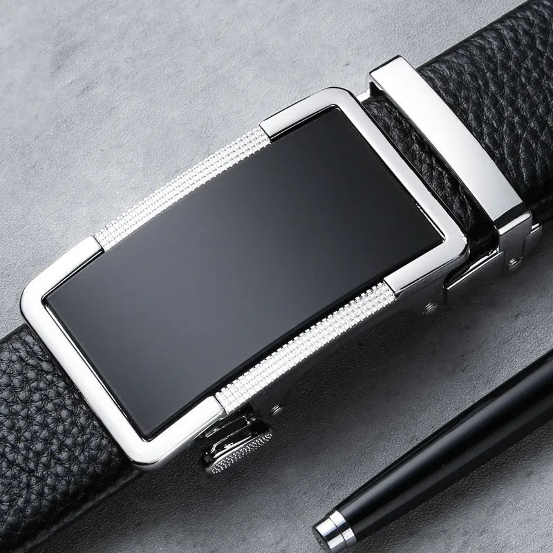 Men's gun black leather belt with an automatic alloy buckle, laid flat showing its length