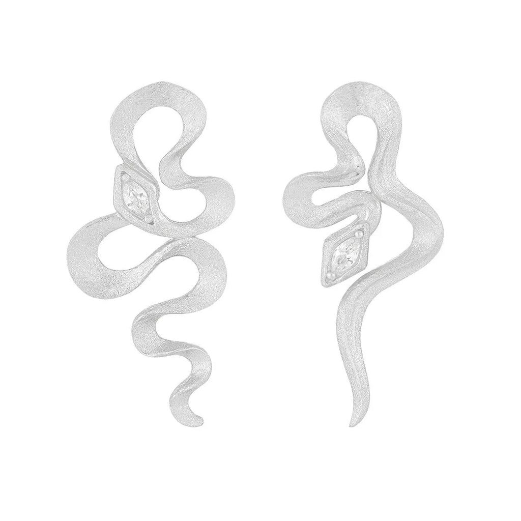 Snake-shaped textured S925 sterling silver stud earrings with inlaid zircon, 18K gold colour finish