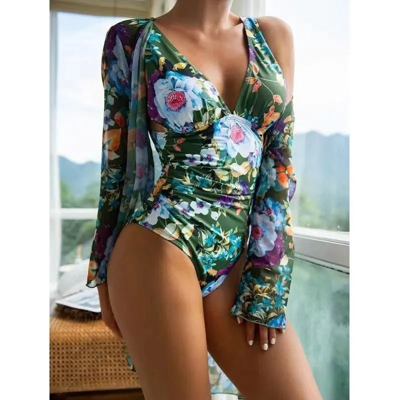 Women's floral print polyester bikini three-piece set with matching sheer cover-up coat
