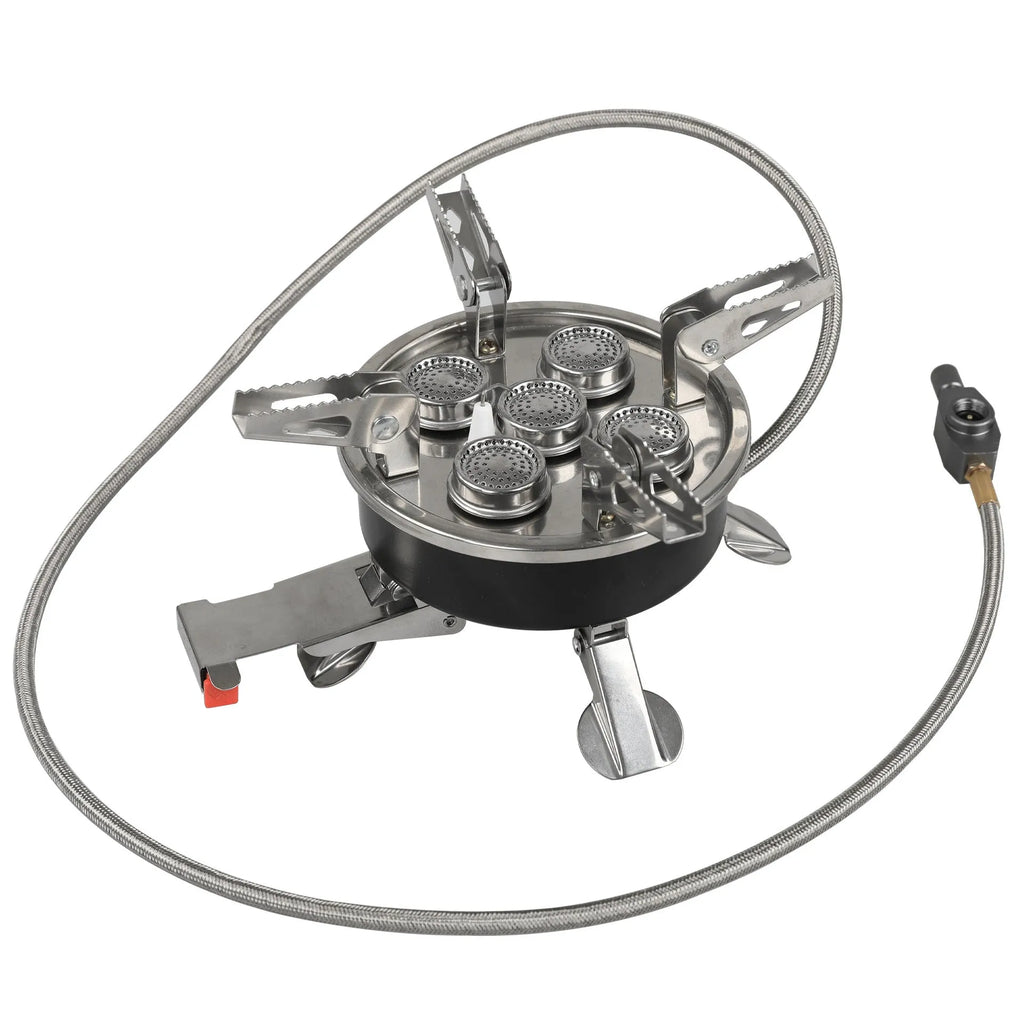 Silver coloured portable split stove made of stainless steel and copper with a long hose, shown folded for transport.