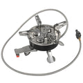 Silver coloured portable split stove made of stainless steel and copper with a long hose, shown folded for transport.