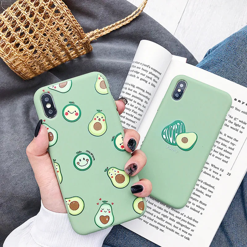 Green avocado cartoon design on a flexible TPU smartphone back cover case.