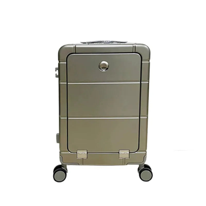 Front opening 20-inch hard shell suitcase in black showing the dry wet separation compartment.