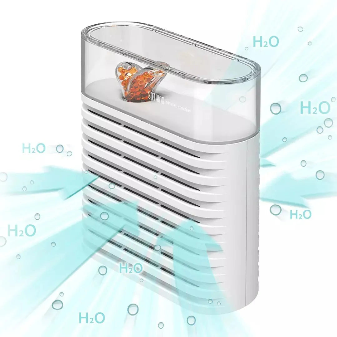 White reusable electric cabinet dehumidifier with transparent top showing orange silica gel crystals.