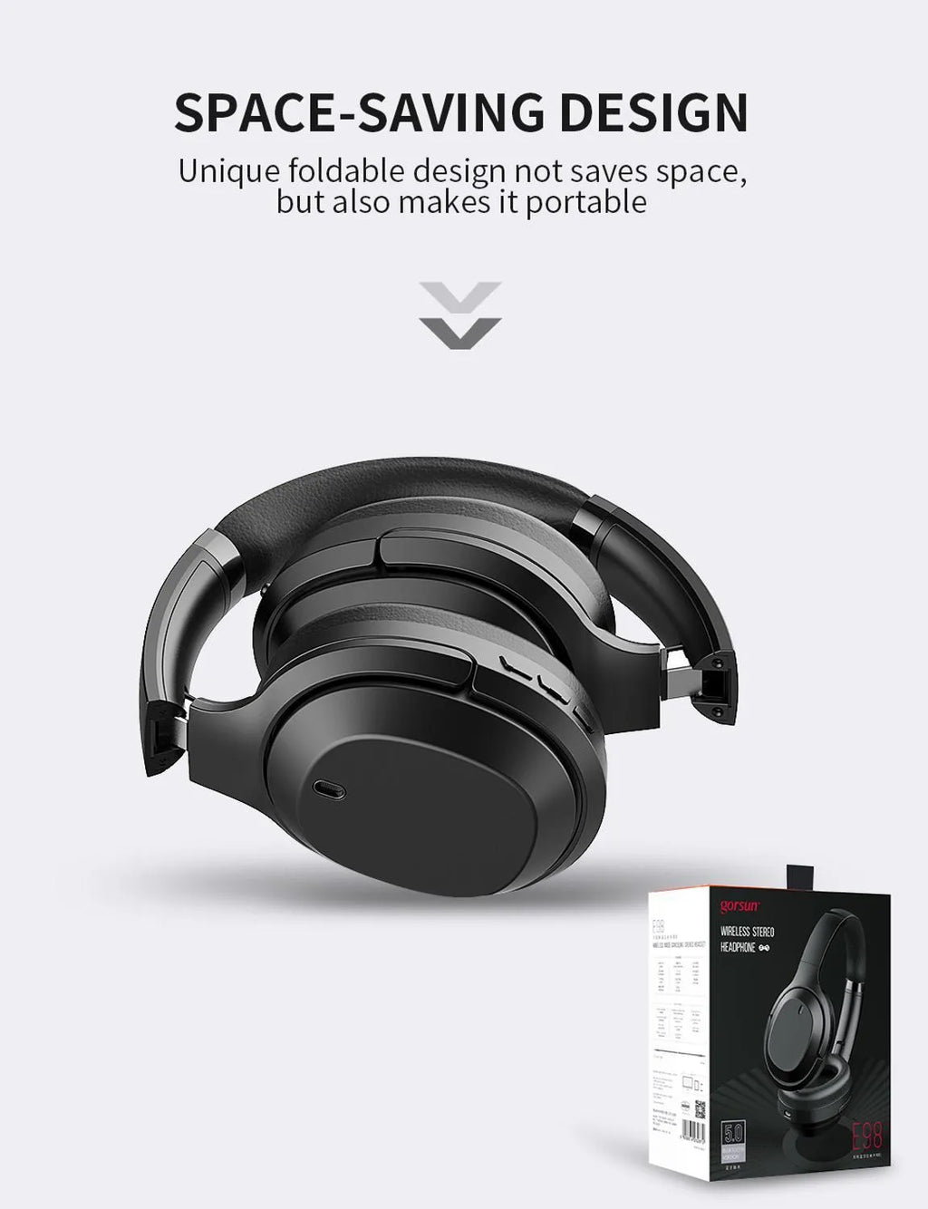Black Gorsun E98 wireless Bluetooth over-ear headphones with adjustable headband and memory-protein ear cushions.