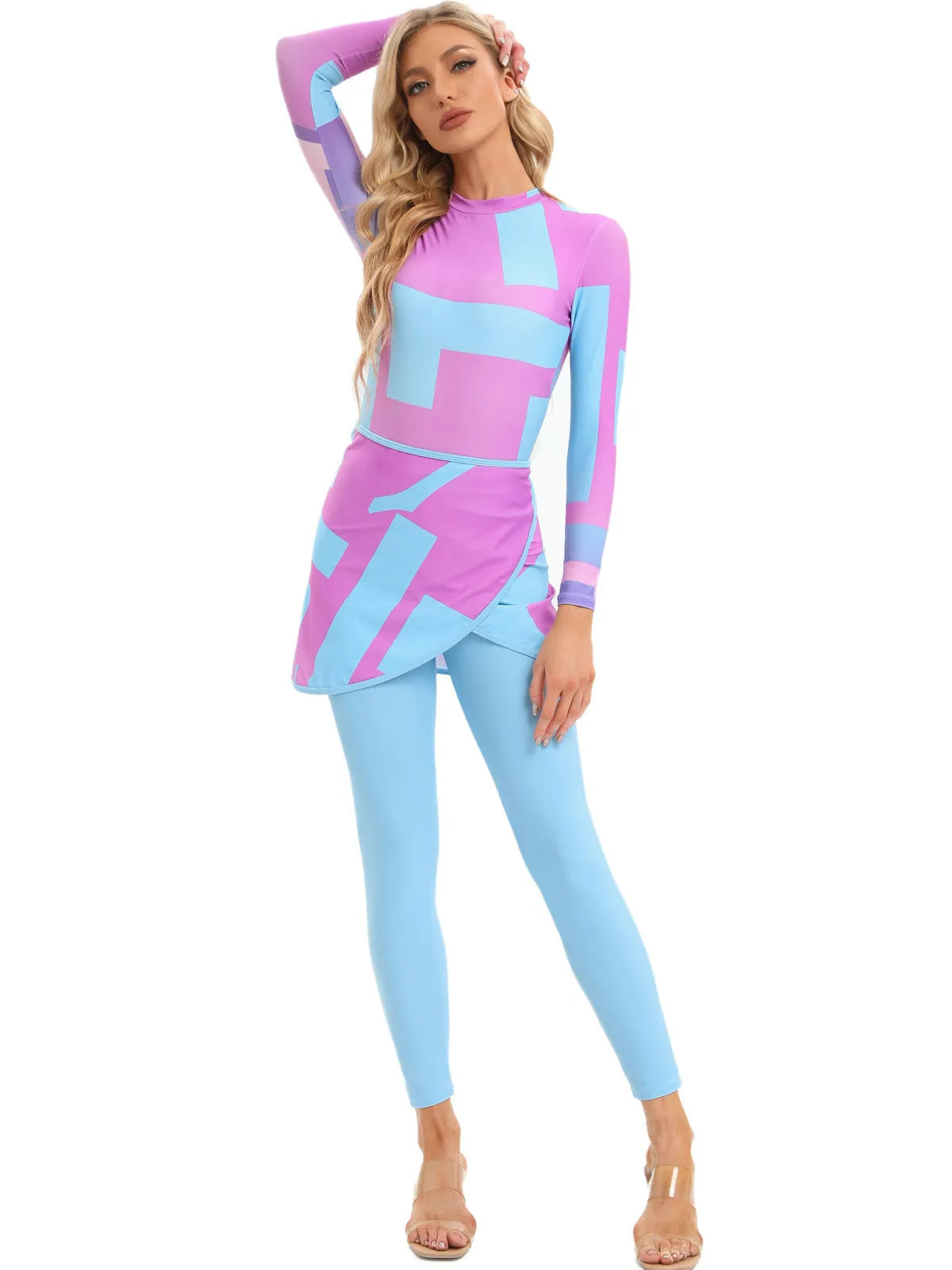 Conservative long-sleeve polyester swimsuit three-piece set with matching apron for beach wear.