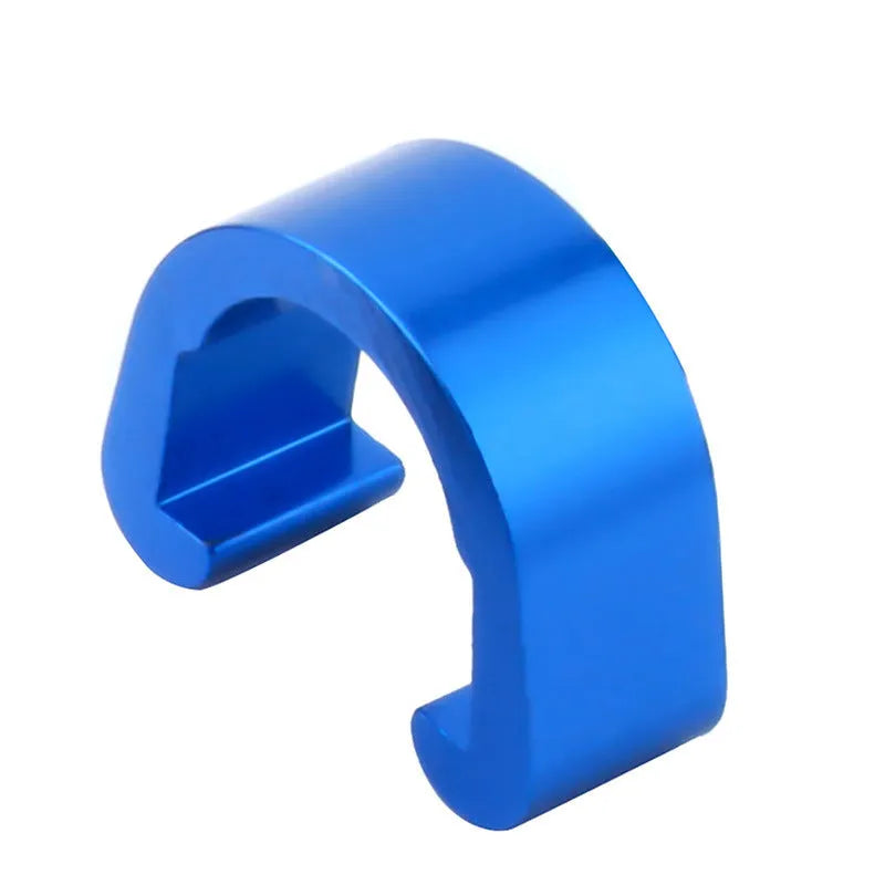 Set of ten small aluminium alloy C-shaped buckles in assorted colours including black, blue, gold, and pink.