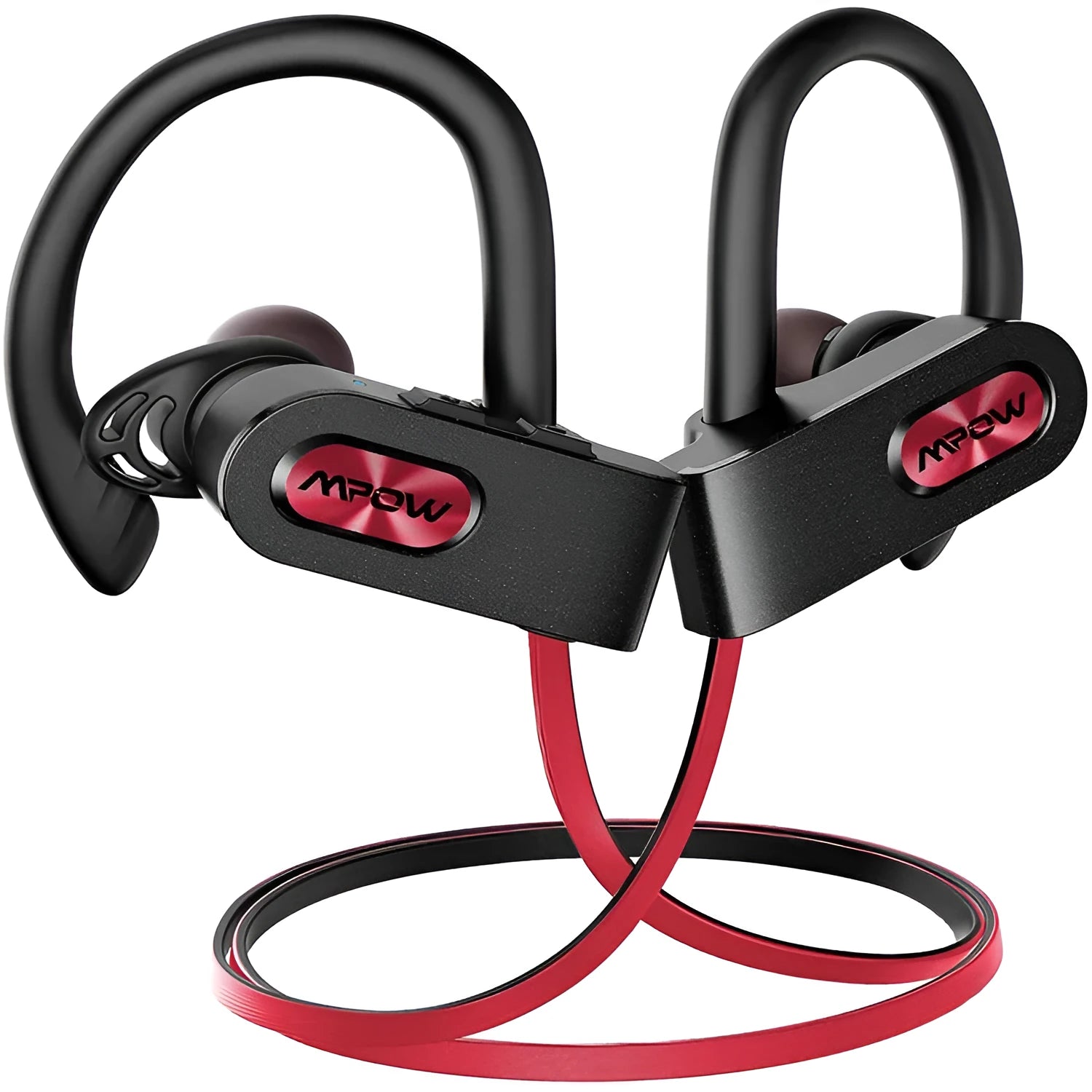 Hanging ear Bluetooth wireless headset in black, pink, or red colour with stereo sound.