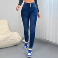 Dark blue women's straight-leg jeans with breasted detail and zip fastening.
