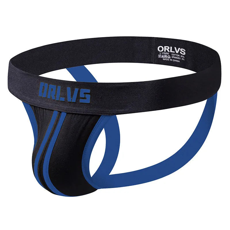 Men's cotton low waist thong in solid colour with double belt back design, front view