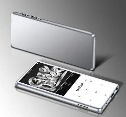 Portable sports MP3 player with 2.4-inch touchscreen showing music interface, available in black, blue, red, or silver