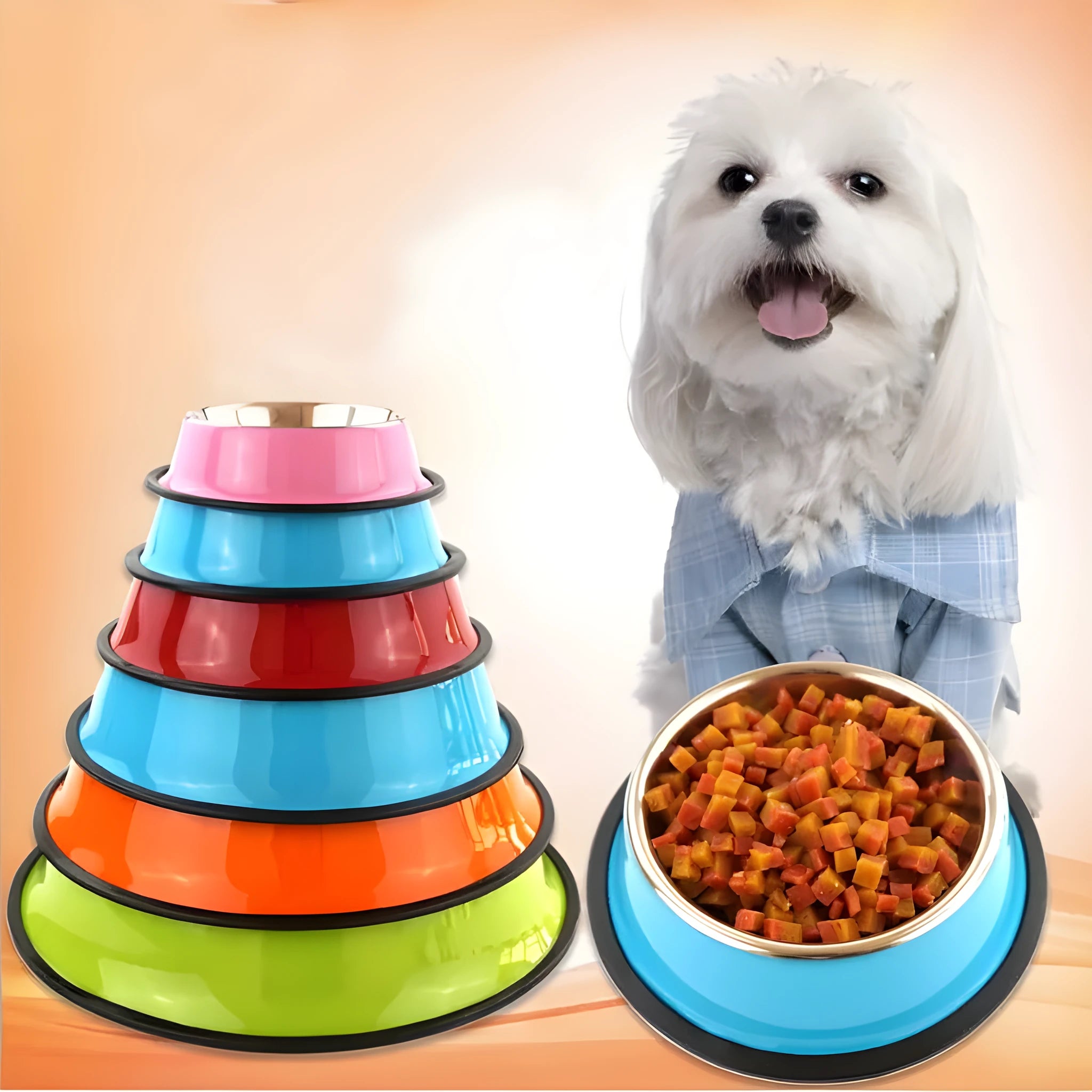Pet feeding bowl with stainless steel inner, colourful melamine outer, and anti-slip rubber base