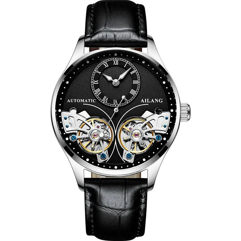 Men's automatic watch with tourbillon and moon phase complications in black steel case