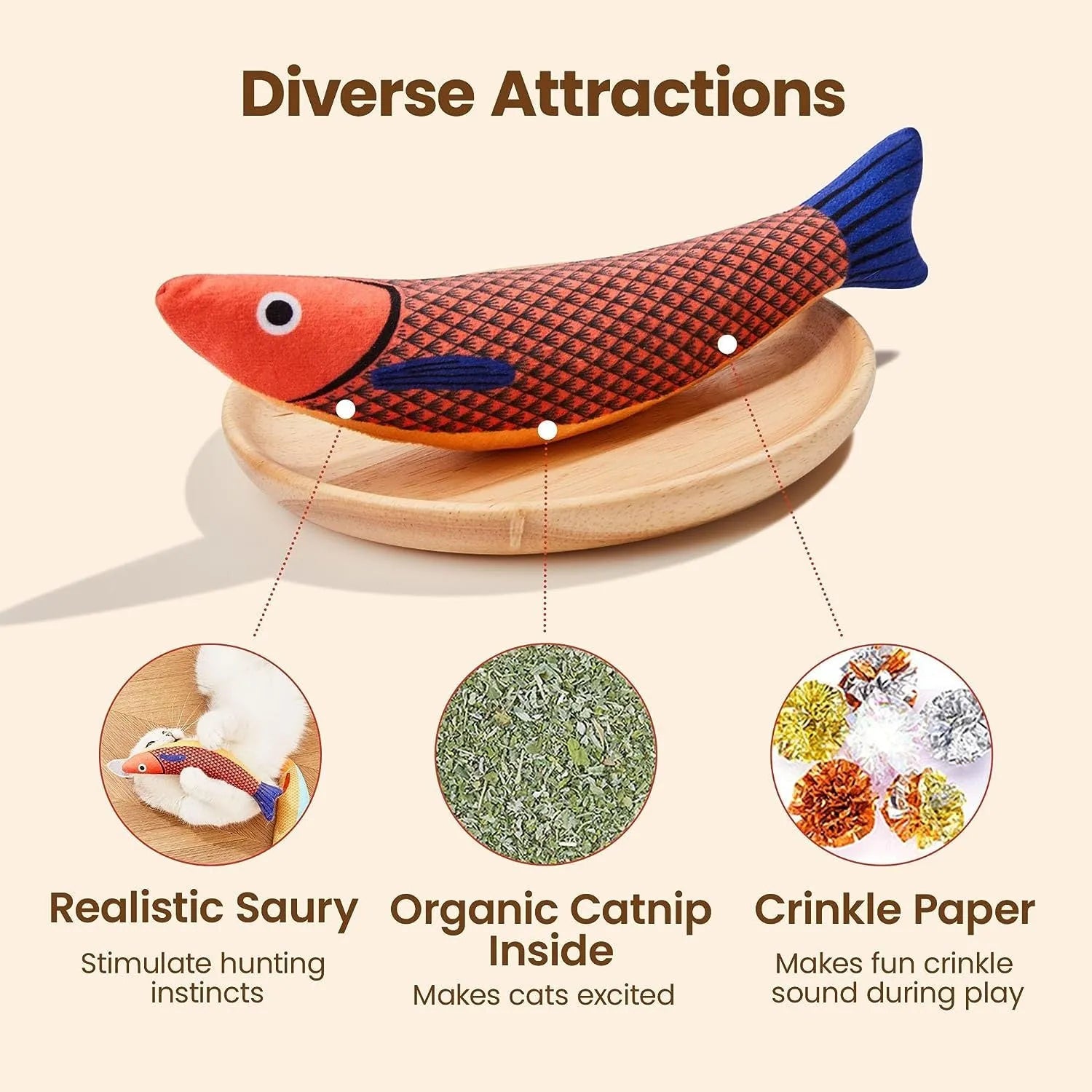 Soft plush catnip fish toy in bright colours with crinkle sounds for interactive cat play