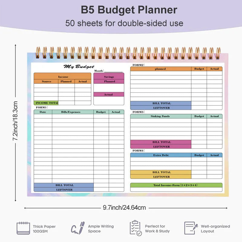 B5 wealth management notebook with spiral binding and blue PP cover for daily expense tracking