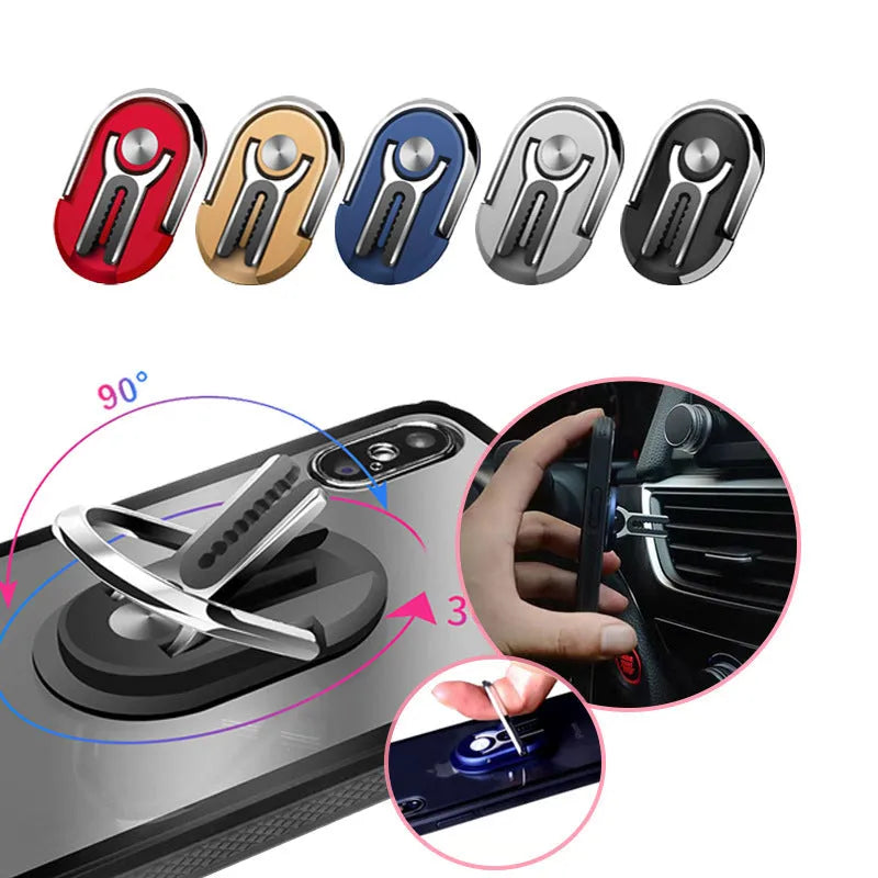 Universal car phone mount bracket with adhesive base and adjustable ring in multiple colour options.