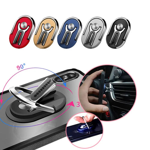 Universal car phone mount bracket with adhesive base and adjustable ring in multiple colour options.