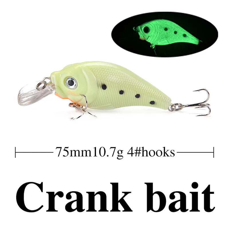Set of five fluorescent hard plastic fishing lures with 3D simulation design.