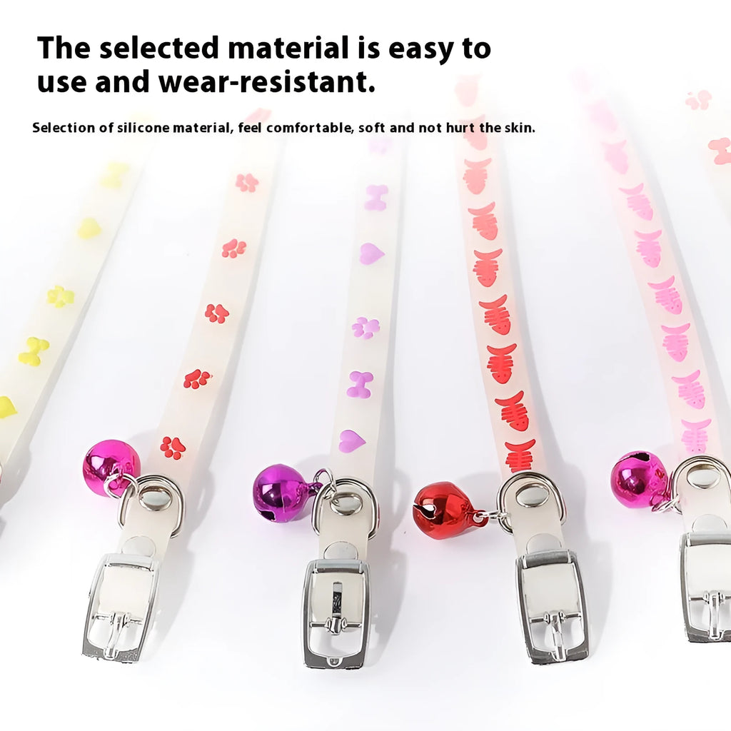Luminous cat collar with adjustable silicone chain and metal bell in paw print pattern
