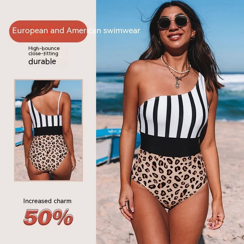 Leopard print women's one-piece swimsuit with asymmetric collar and high-waist brief