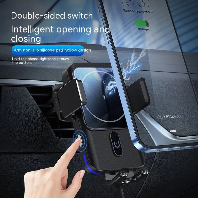 Black car wireless charger phone holder showing clip and suction cup mounting options for 15W Qi charging
