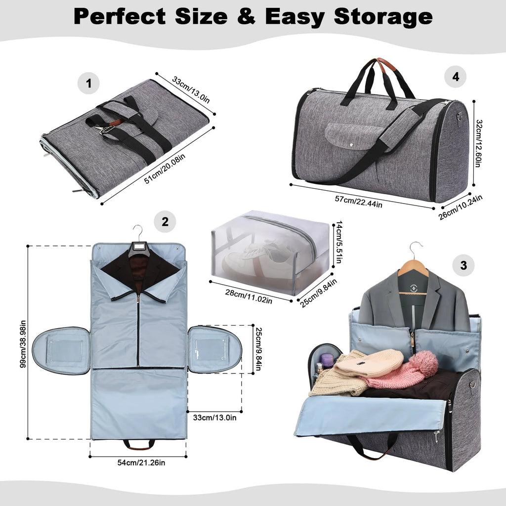Folding duffel luggage bag in dark blue, grey, or black, suitable for business travel and gym.