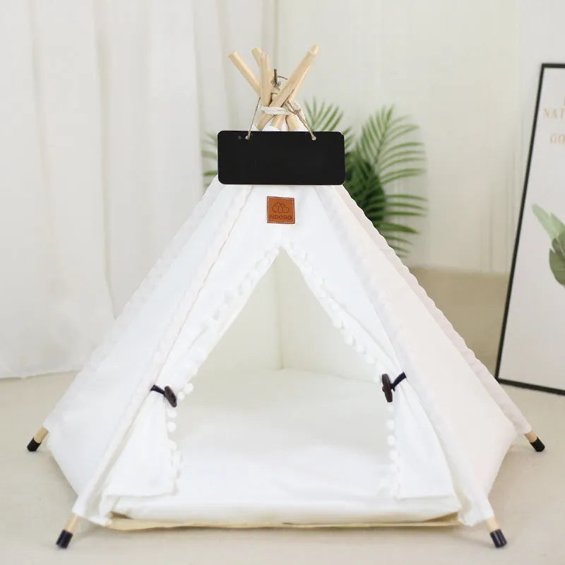 Striped linen pet teepee tent bed with cushion for small dogs or cats.