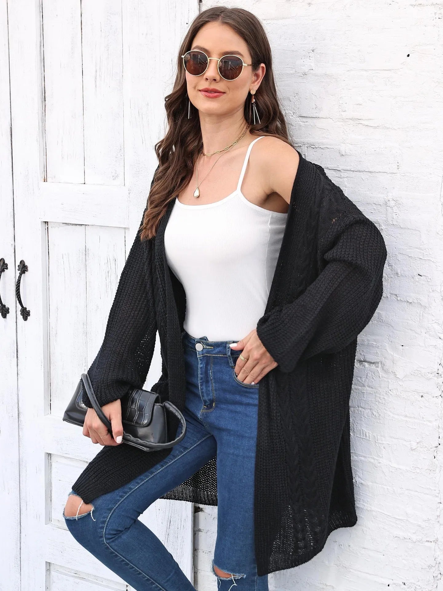 Women's loose acrylic sweater coat in army green colour showing European-American style casual fit