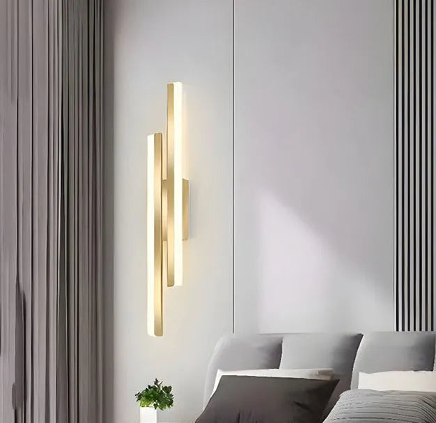 Gold finish double line wall lamp with three colour lighting options
