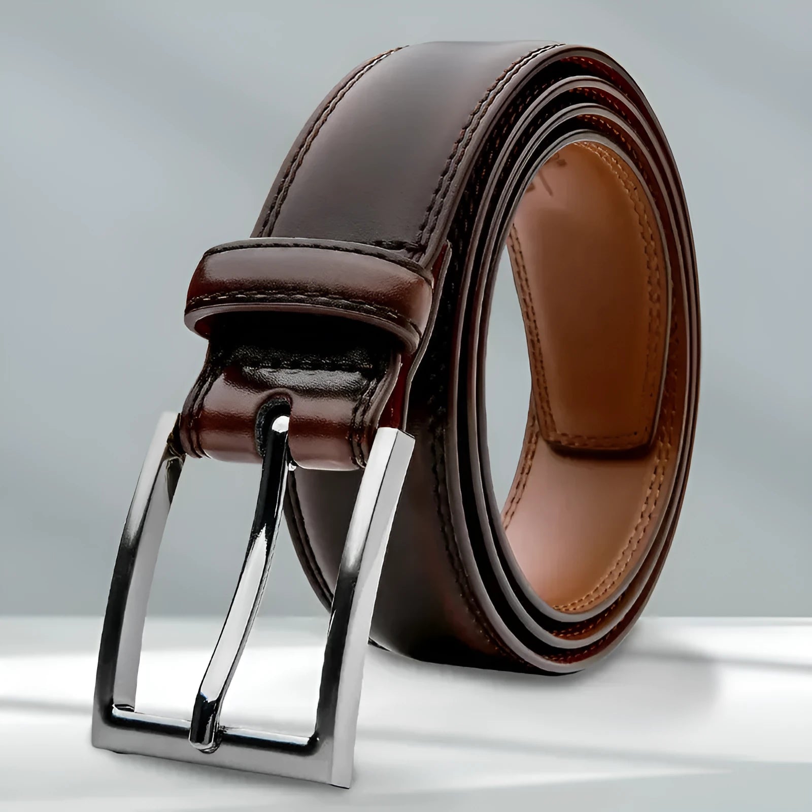 Men's brown leather belt with 95 grain texture and metal alloy buckle shown at 120cm length