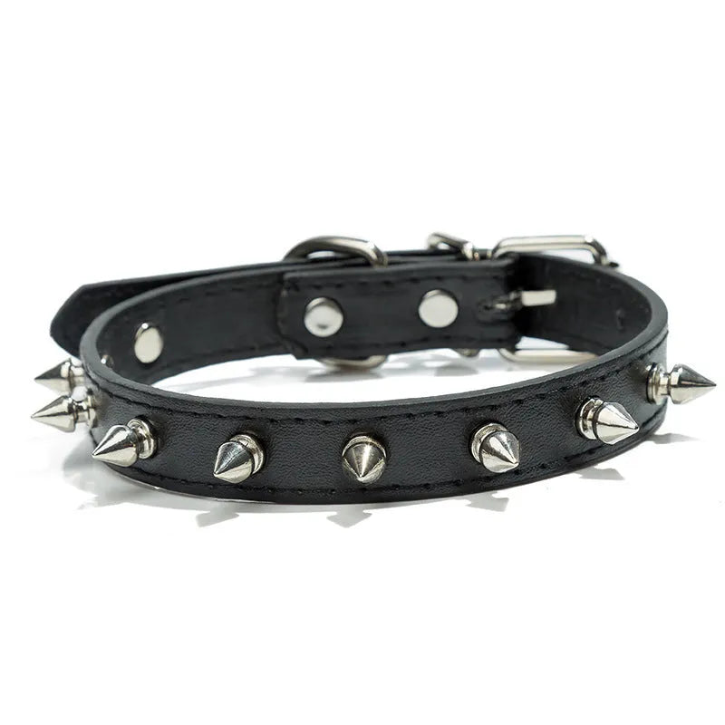 A spiked dog collar made of black PU leather with silver metal studs and an alloy buckle.