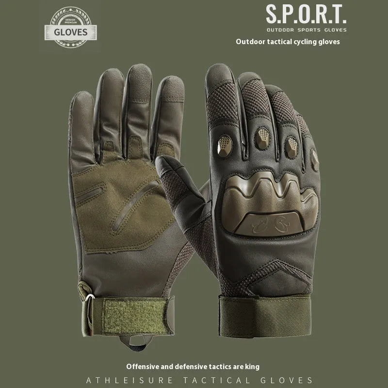 Men's black tactical full finger gloves with touch screen fingertips on a hand