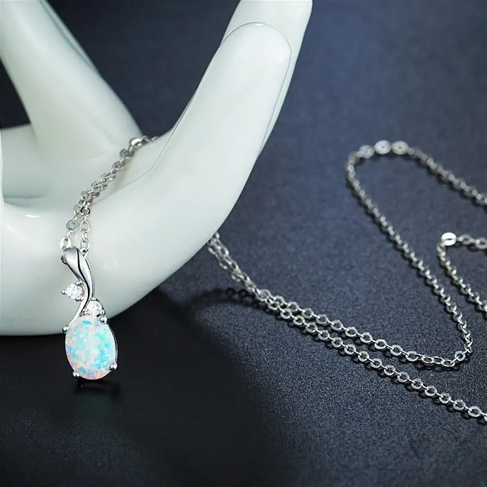 Water drop opal pendant necklace on adjustable O-chain in rose gold electroplated finish