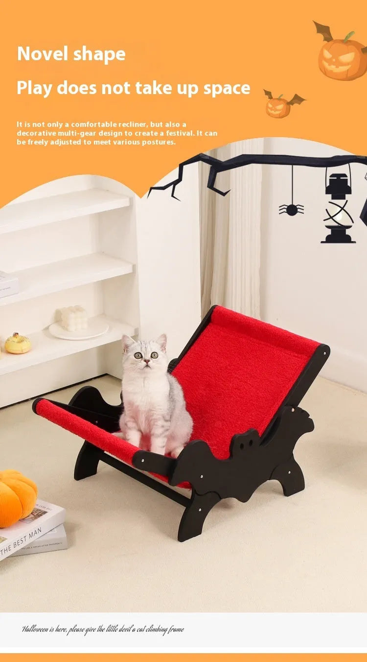 Wooden cat recliner with bat Halloween design in black or red colour for pet beds