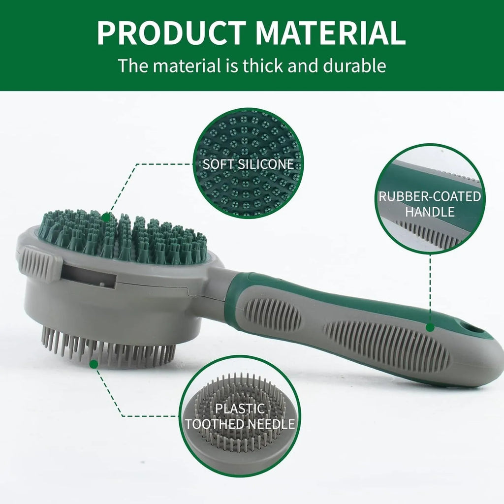 Green and pink 2-in-1 silicone cat grooming brush showing slicker brush and massage heads