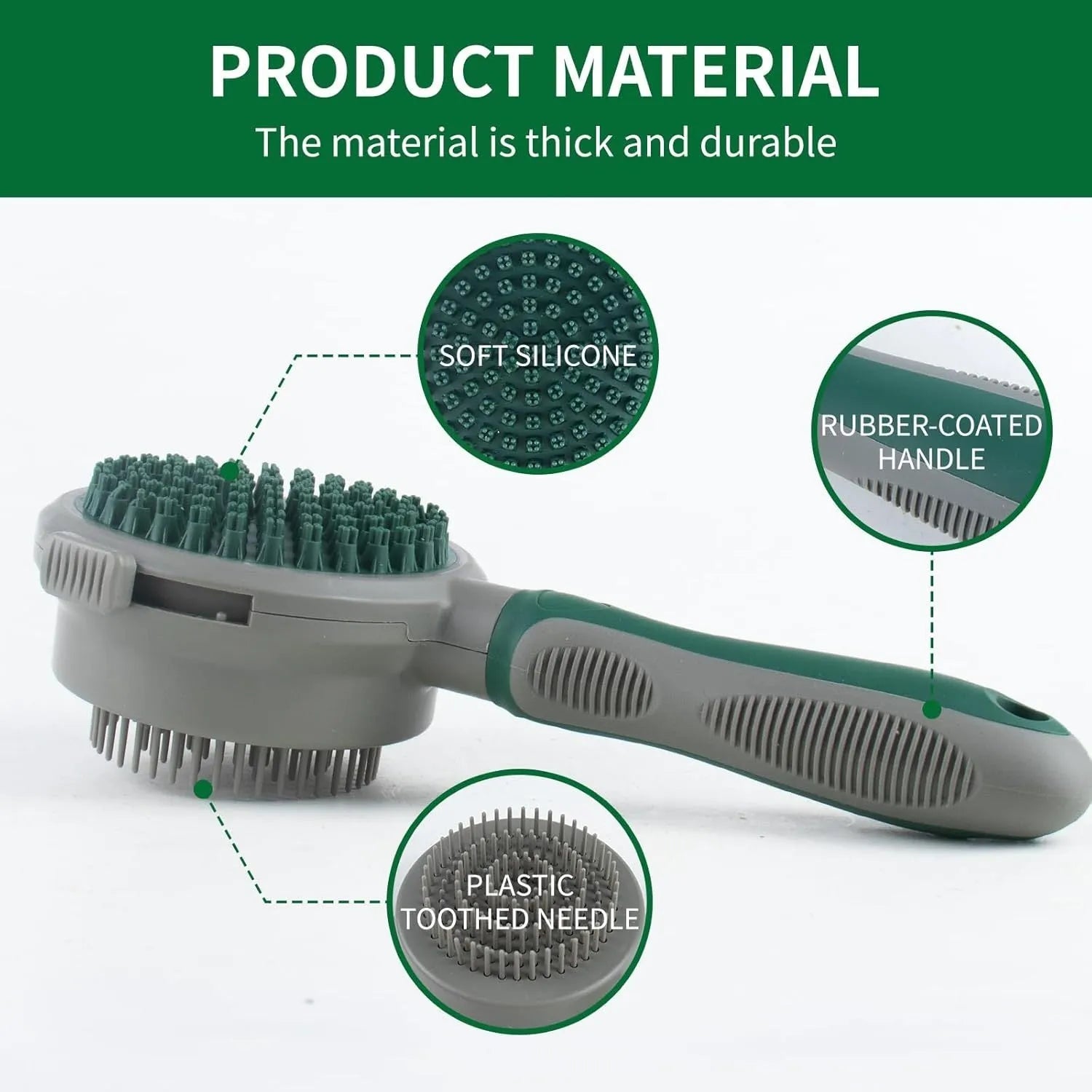 Green and pink 2-in-1 silicone cat grooming brush showing slicker brush and massage heads