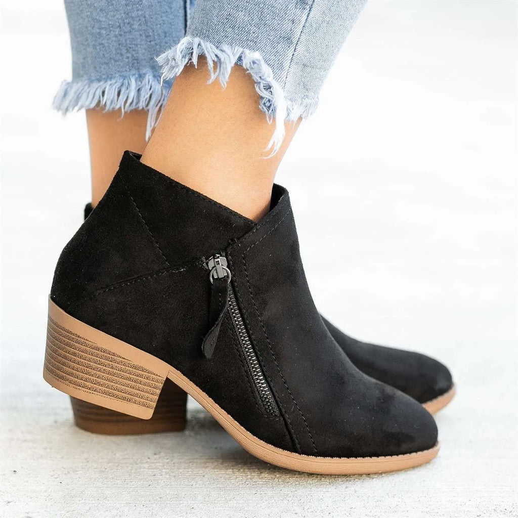 Women's blue suede Dr Martens-style ankle boots with chunky heel and side zip